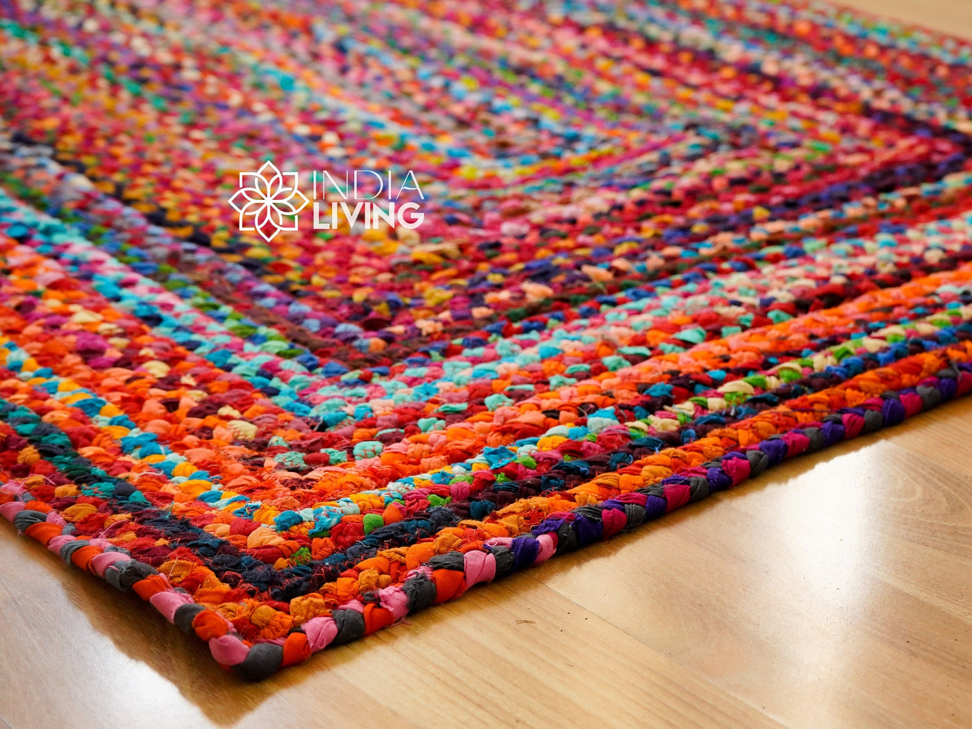 Multi chindi rainbow rag rug, flat lay view