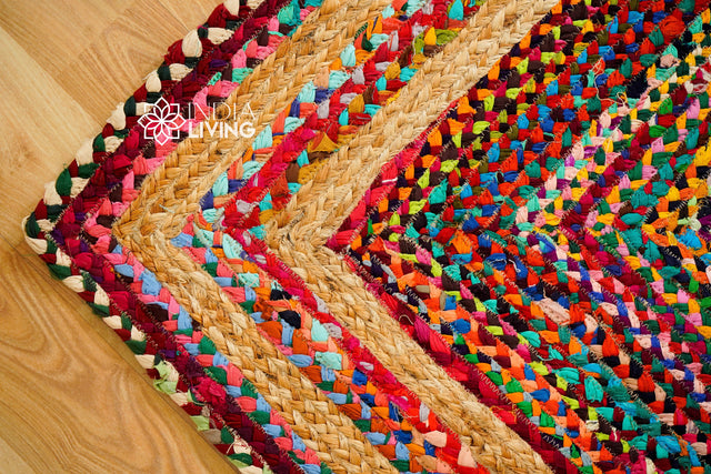 Rainbow rag rug styled in an entryway setting