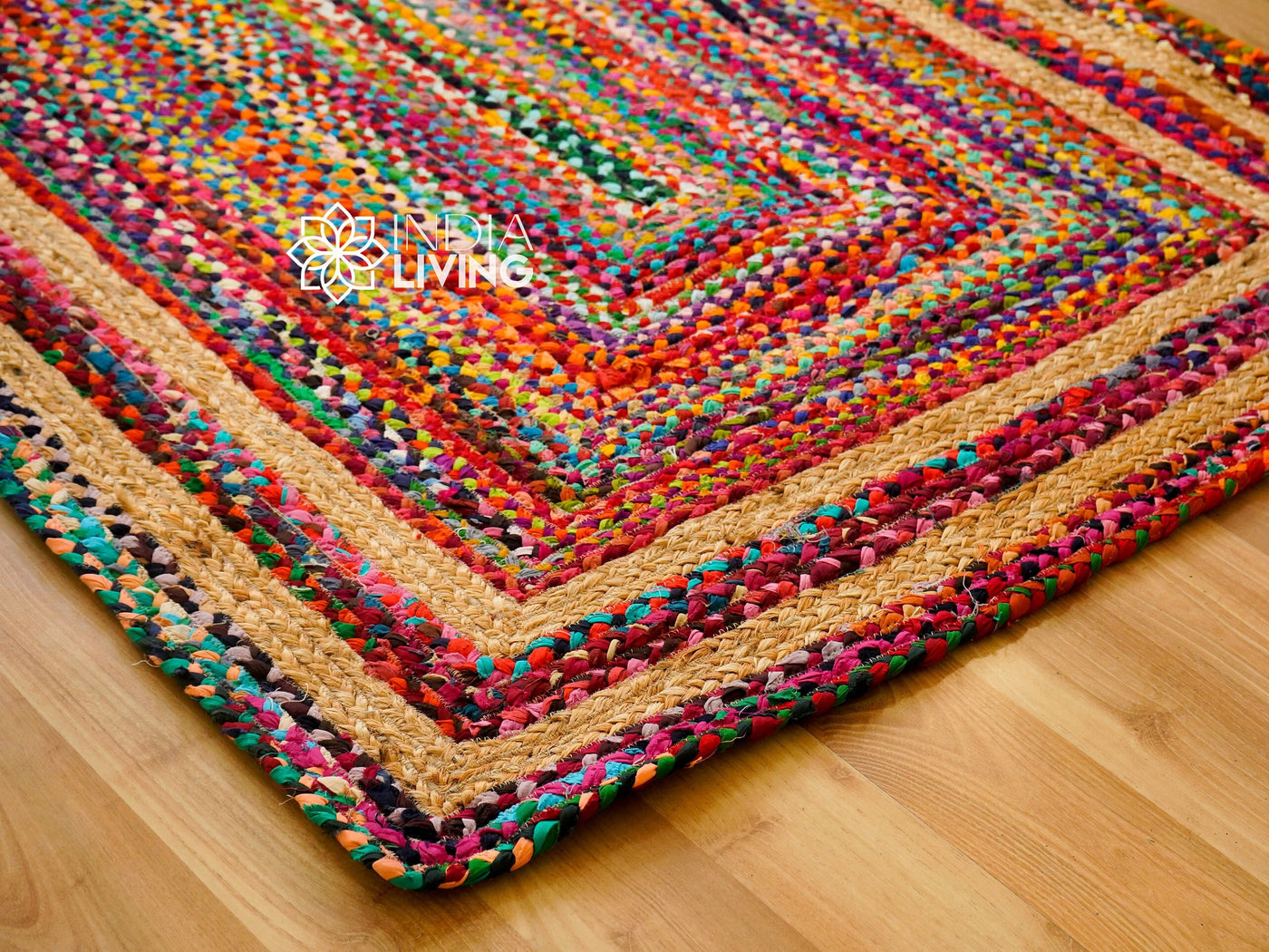 Jute chindi rag rug laid flat showing full rainbow pattern