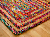 Jute chindi rag rug laid flat showing full rainbow pattern