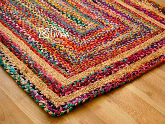 Jute chindi rag rug laid flat showing full rainbow pattern