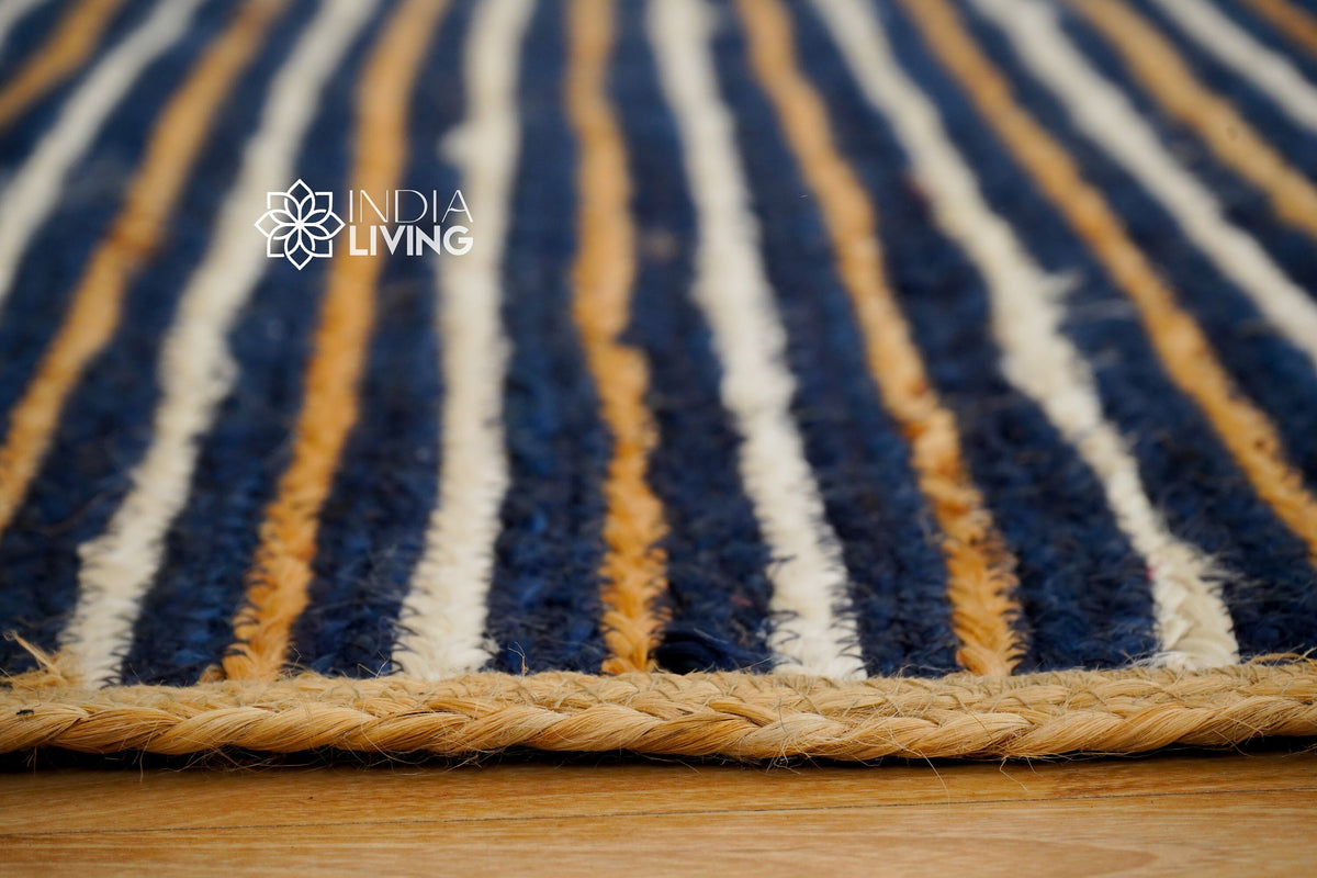 Blue jute rug styled with coastal decor