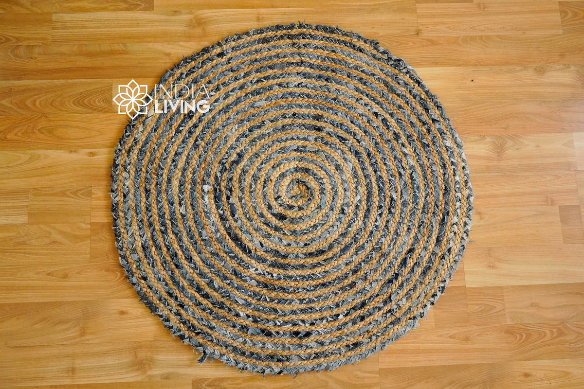 Denim rag rug corner view showing texture