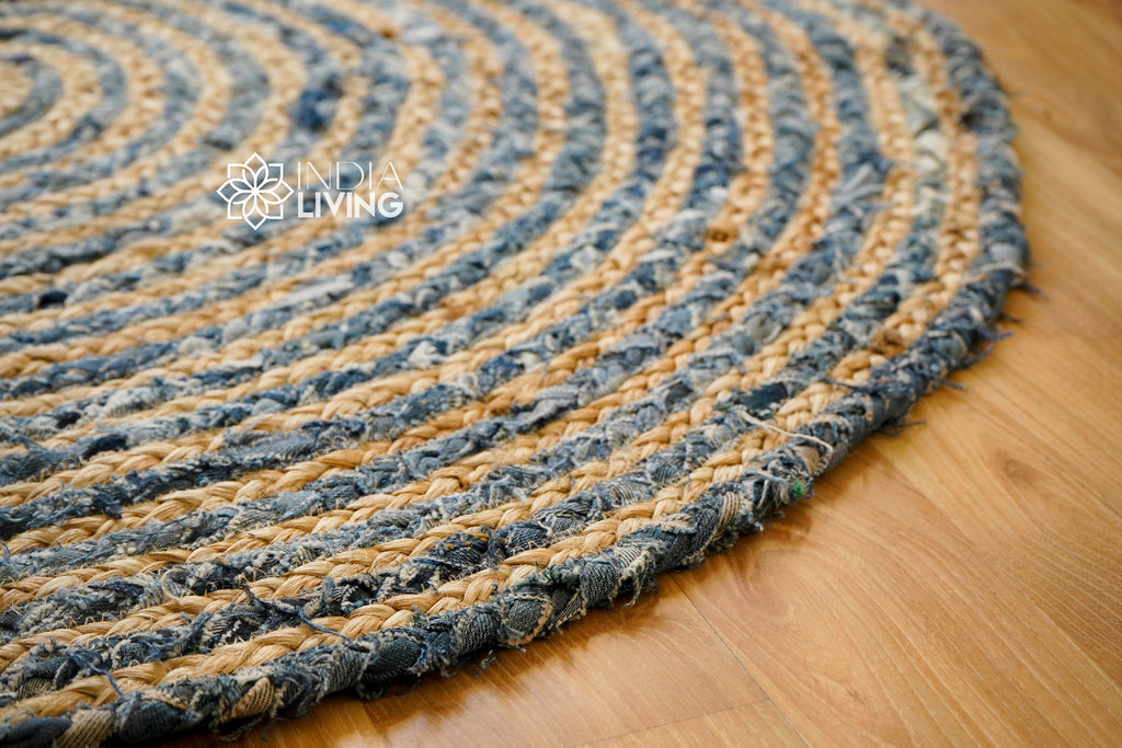 Denim Jute Braided Round Rug,Denim Chindi Rag Rug, Sustainable and Stylish Home Decor - Bohemian concept Rug