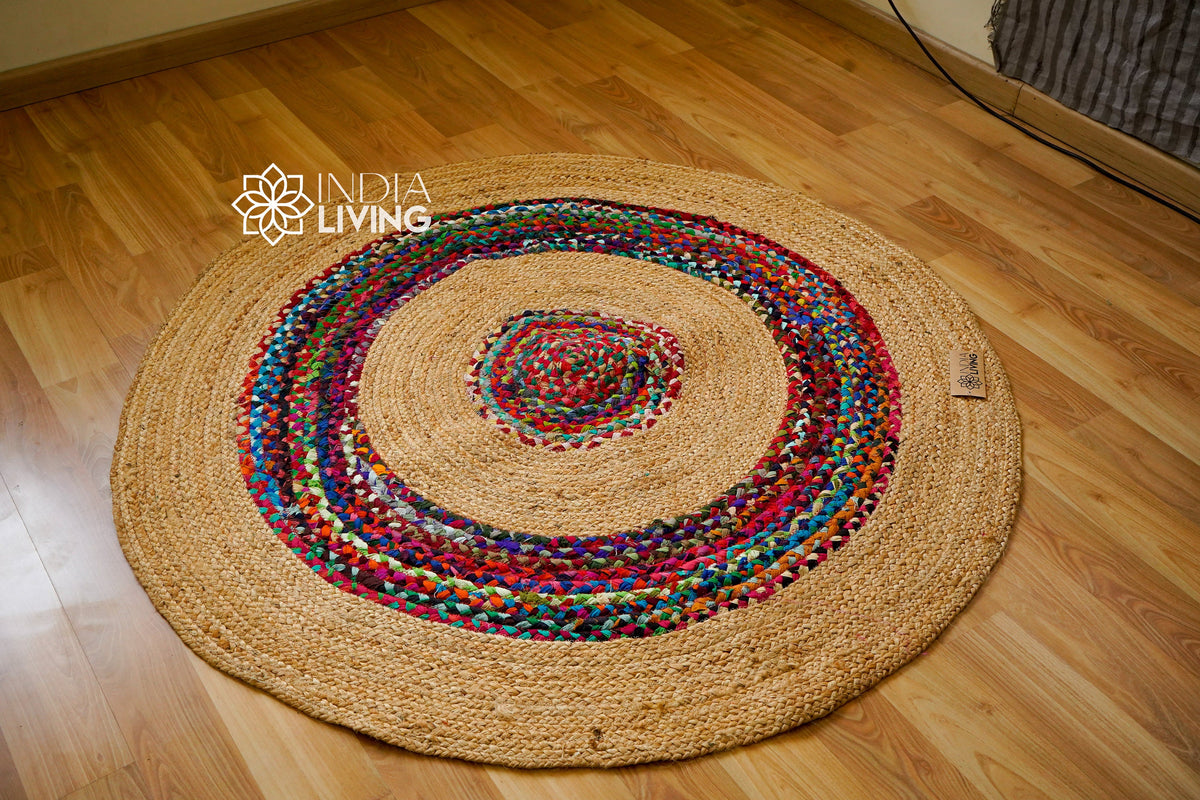 Jute chindi braided round rag rug full view