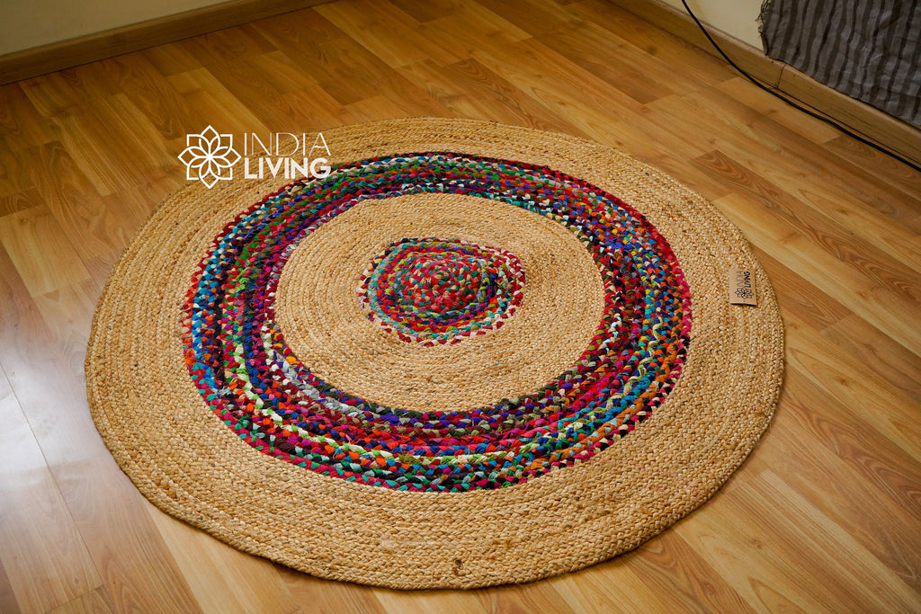 Jute Chindi Braided Round Rag Rug - Handcrafted Sustainable Home Decor with Natural Texture and Colors