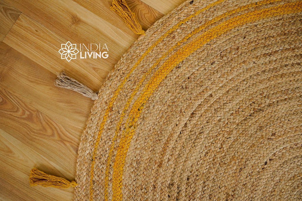 Yellow Braided Natural BOHO Jute Mat with tassels - Sustainable Round Rug for Living Room, Bedroom and Entryway - Handcrafted Rustic