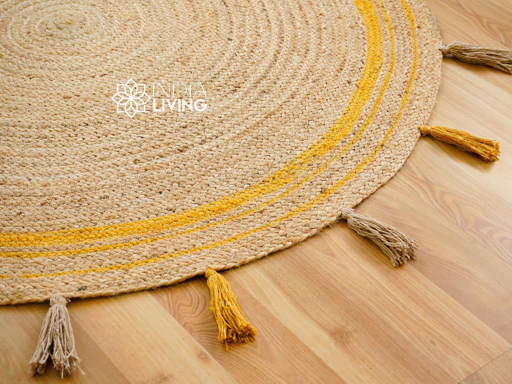 Orange Braided Natural Jute Mat with tassels - Sustainable Round Rug for Living Room, Bedroom and Entryway - Handcrafted Rustic