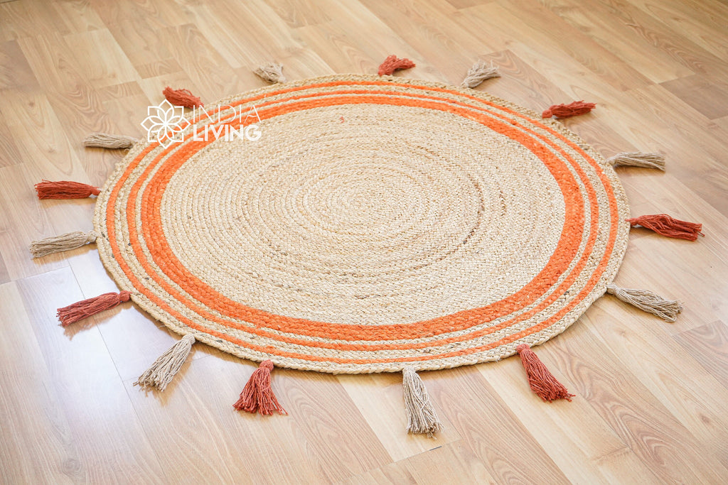 Orange Braided Natural Jute Mat with tassels - Sustainable Round Rug for Living Room, Bedroom and Entryway - Handcrafted Rustic