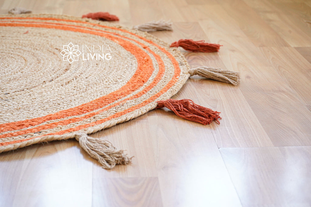 Orange Braided Natural Jute Mat with tassels - Sustainable Round Rug for Living Room, Bedroom and Entryway - Handcrafted Rustic