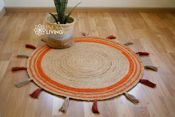 Orange Braided Natural Jute Mat with tassels - Sustainable Round Rug for Living Room, Bedroom and Entryway - Handcrafted Rustic