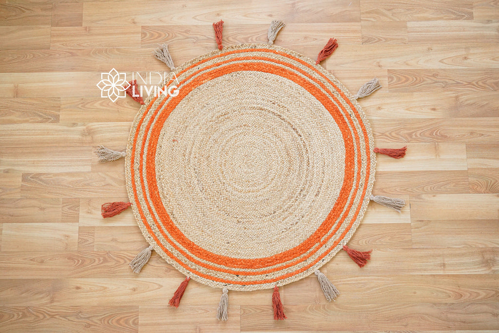 Orange Braided Natural Jute Mat with tassels - Sustainable Round Rug for Living Room, Bedroom and Entryway - Handcrafted Rustic