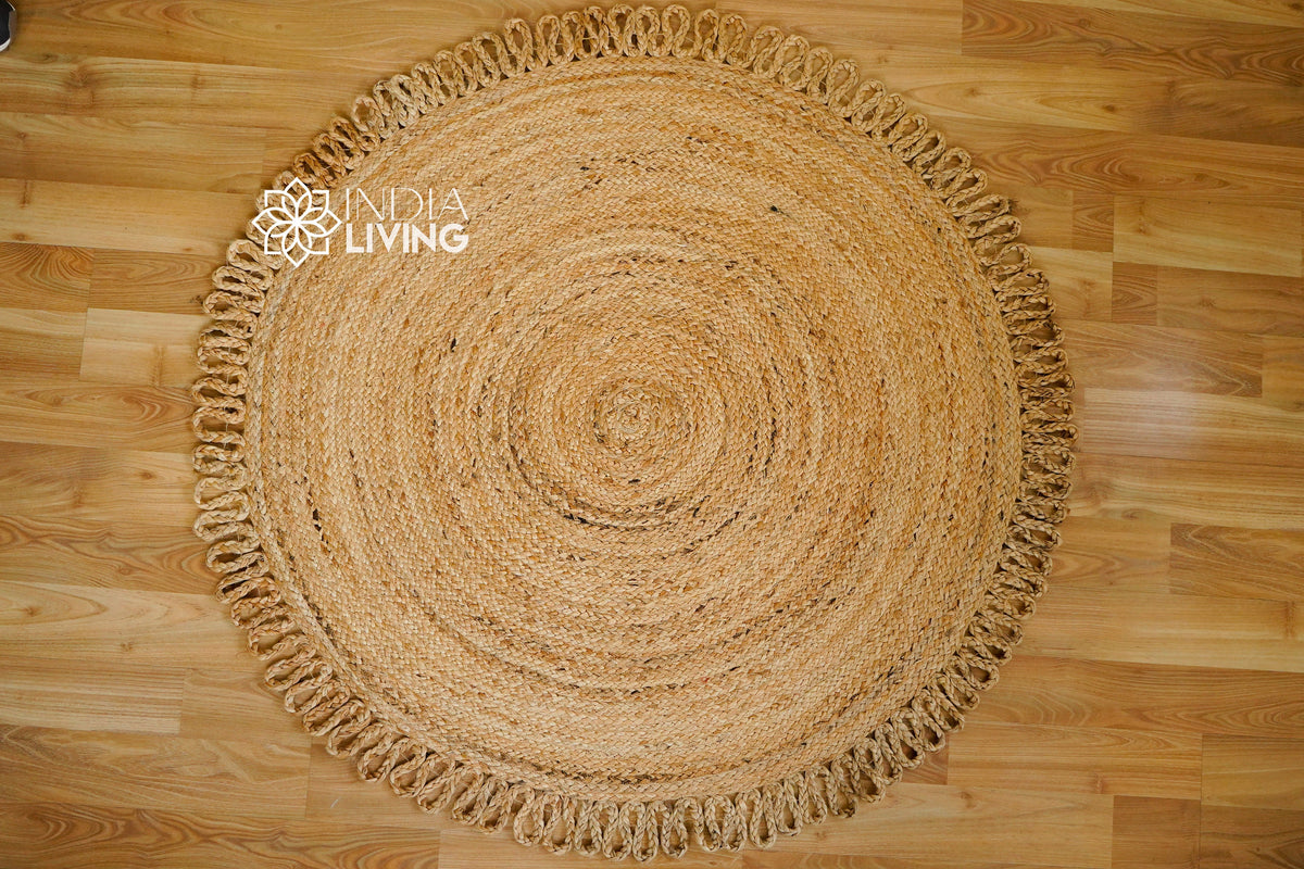 Round jute mat in bedroom setting