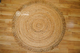 Round jute mat in bedroom setting