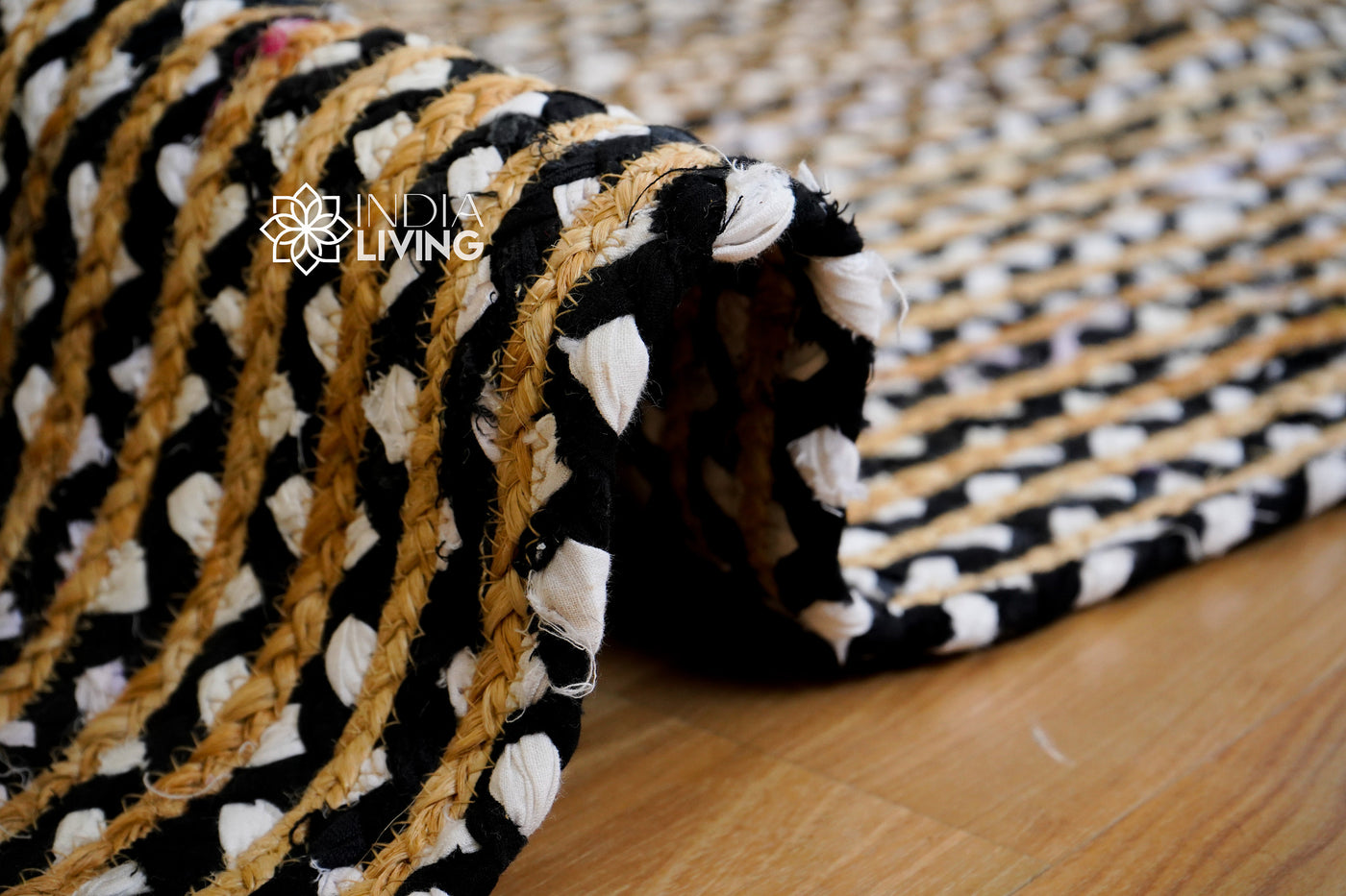 Black and white striped chindi jute rag rug flat view