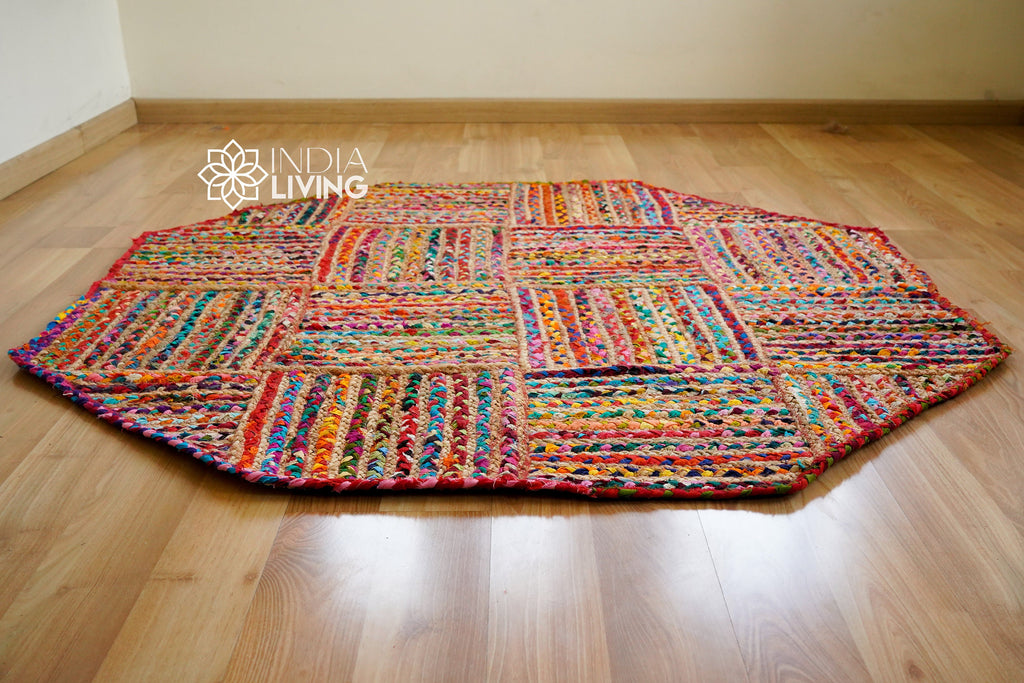 Chindi Jute Multicolour Rag Braided Boho Round Rug, Bohemian Jute mat , Eco friendly Rug, Coastal Rug, Natural Rug, Jute Rag Rug