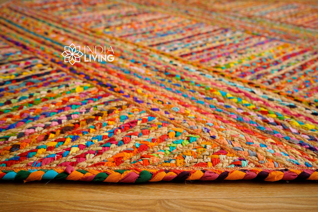 Multi Chindi Striped Jute Rag Rug - Handcrafted Sustainable Home Decor - Natural Texture and vibrant Colors - Custom made Rainbow textured