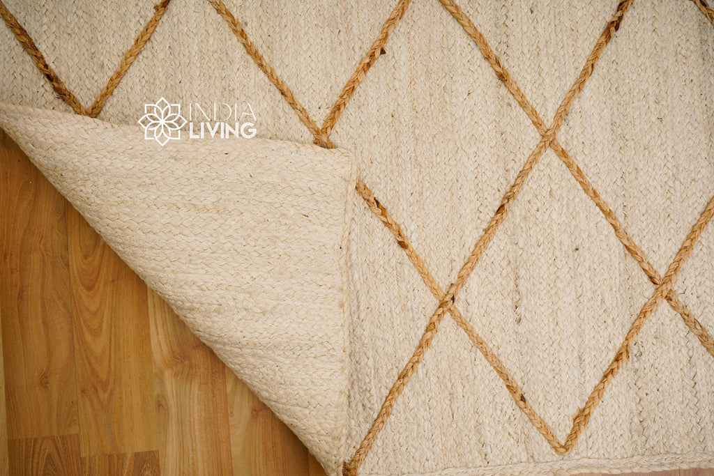 White Jute Rug with Natural Jute Braided Rope | Abstract design | Sustainable | Suitable for Bedroom, Living room, Entryway