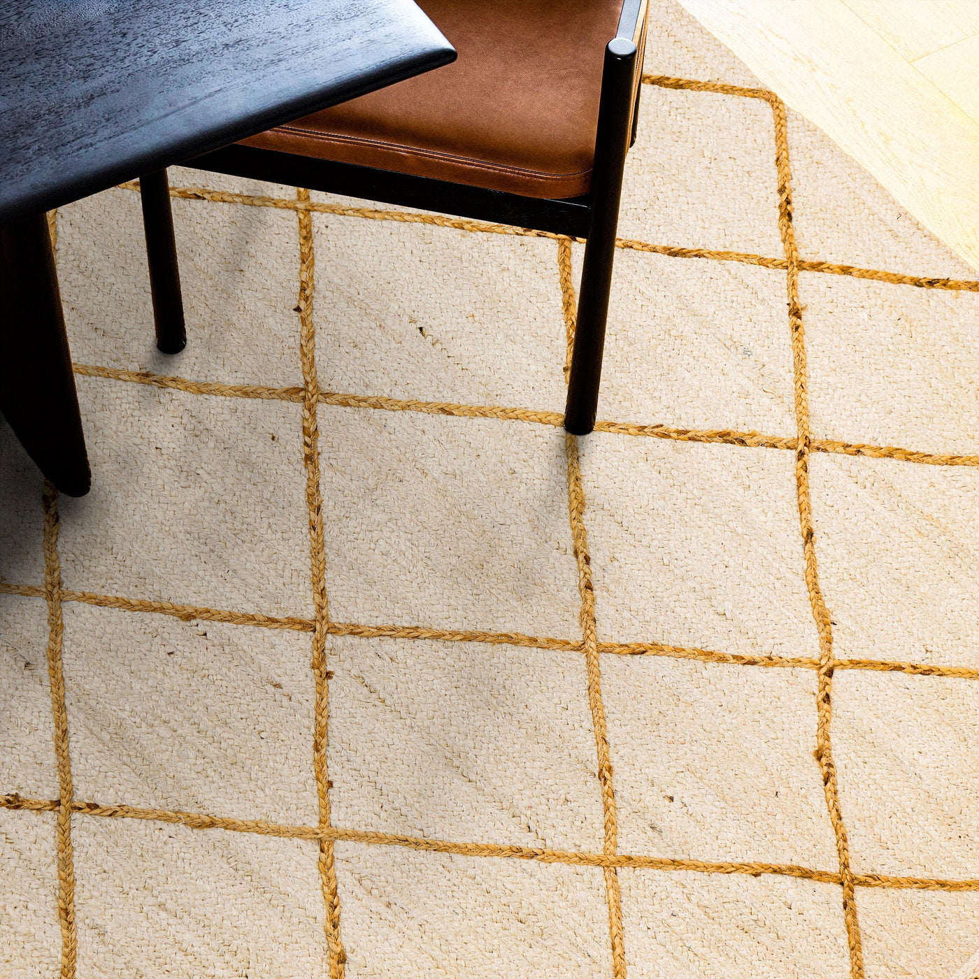 White jute rug flat lay
