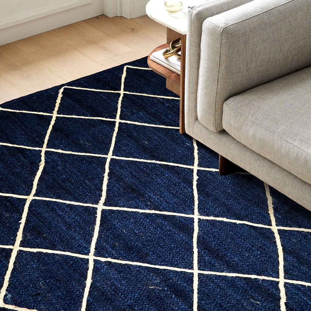 Natural Navy Blue Jute Rug with Textured White Jute Rope | Unique design | Sustainable | Suitable for Bedroom, Living room, Entryway