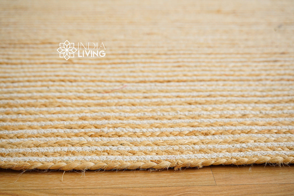 White Striped boho Jute area Rug, Hand braided Eco-Friendly Custom made jute Rug/runner, Sustainable Bohemian decor, Natural jute fibre rug