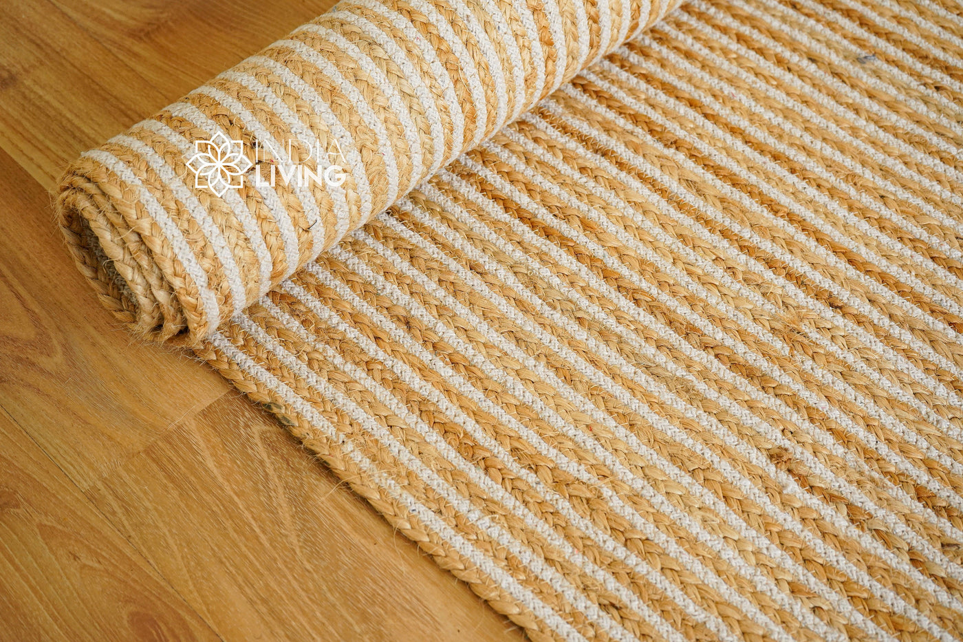 White striped boho jute rug, full flat view