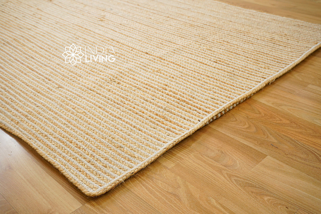 White Striped boho Jute area Rug, Hand braided Eco-Friendly Custom made jute Rug/runner, Sustainable Bohemian decor, Natural jute fibre rug