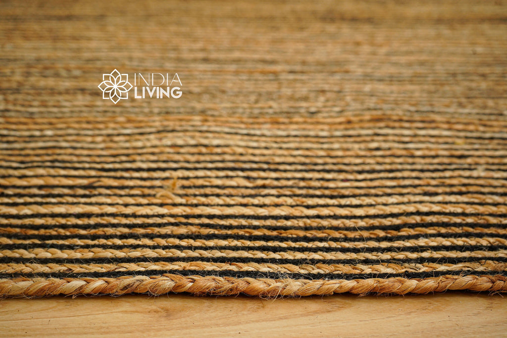 Black Striped Natural Jute Rug, Hand braided Sustainable Natural fibre rug, Braided rug, Custom made in all sizes