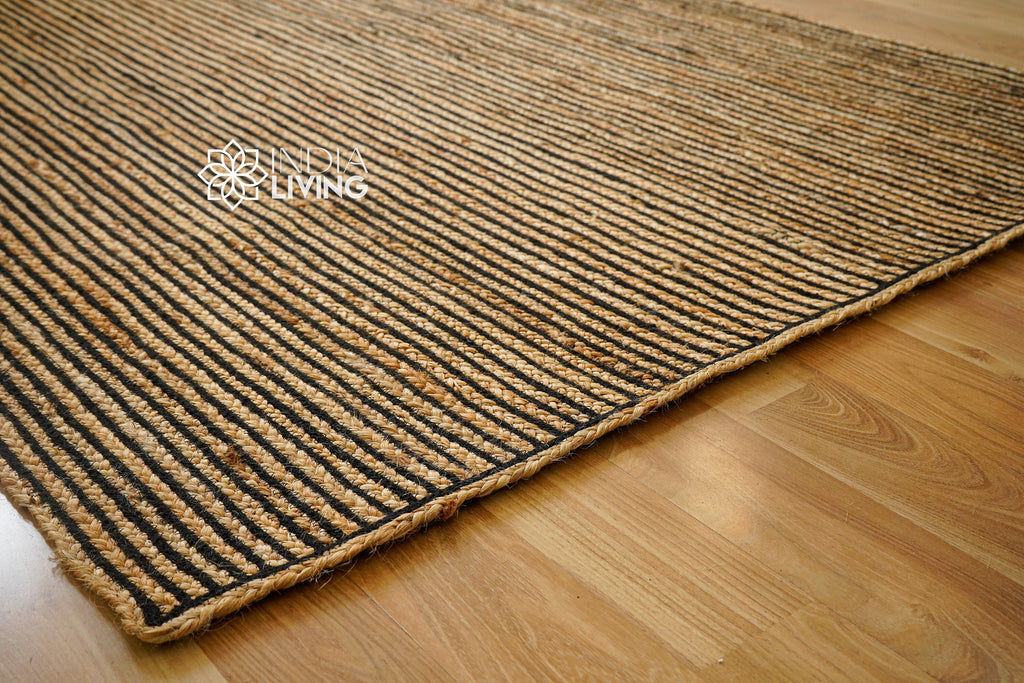 Black Striped Natural Jute Rug, Hand braided Sustainable Natural fibre rug, Braided rug, Custom made in all sizes