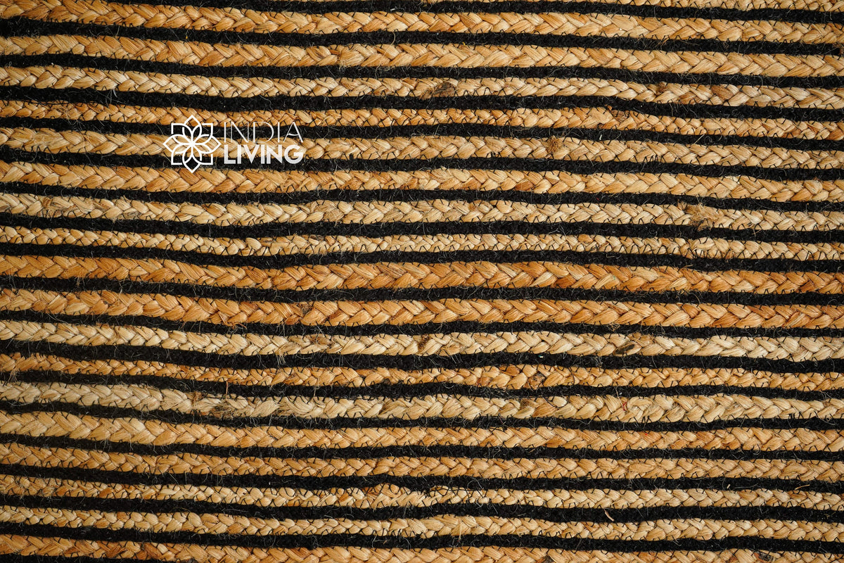 Black striped jute rug pile close-up