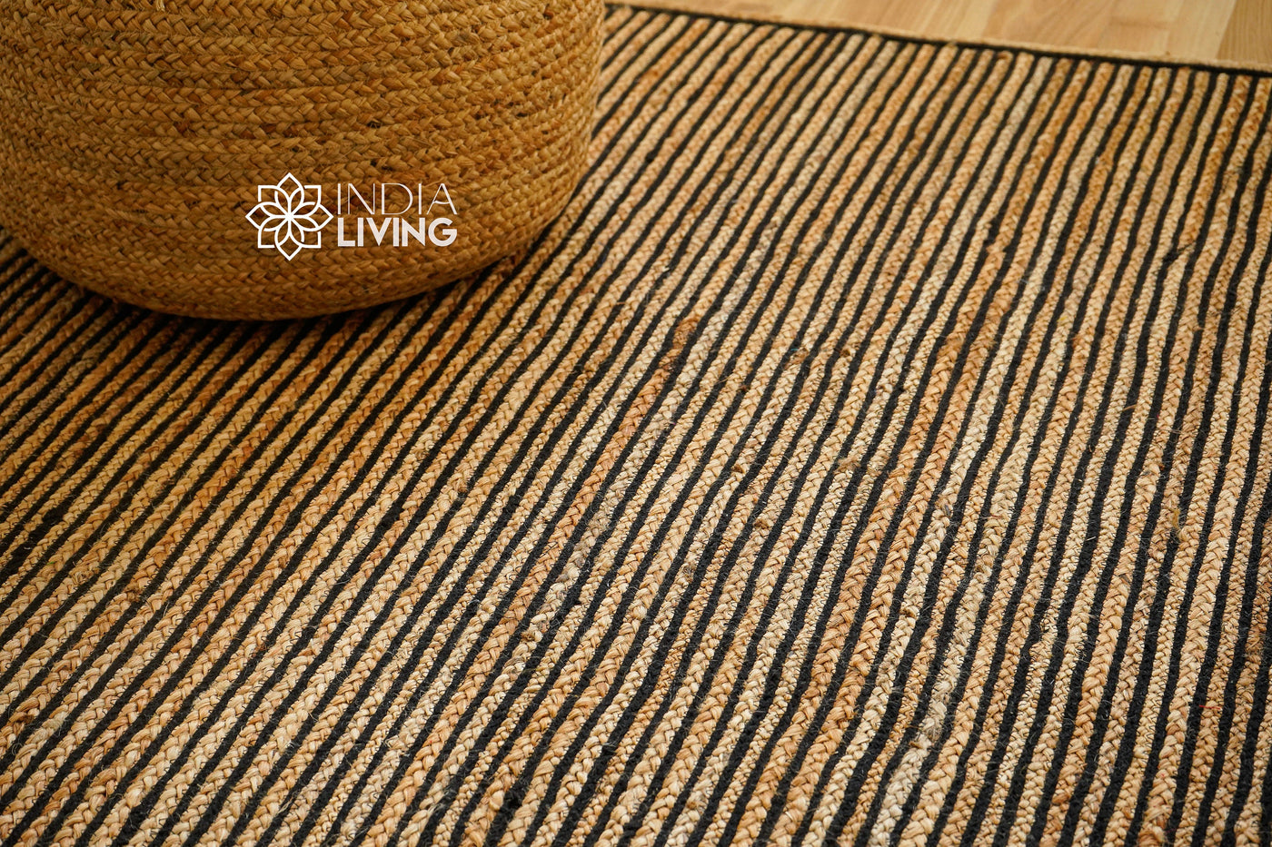 Black striped natural jute rug flat lay full view