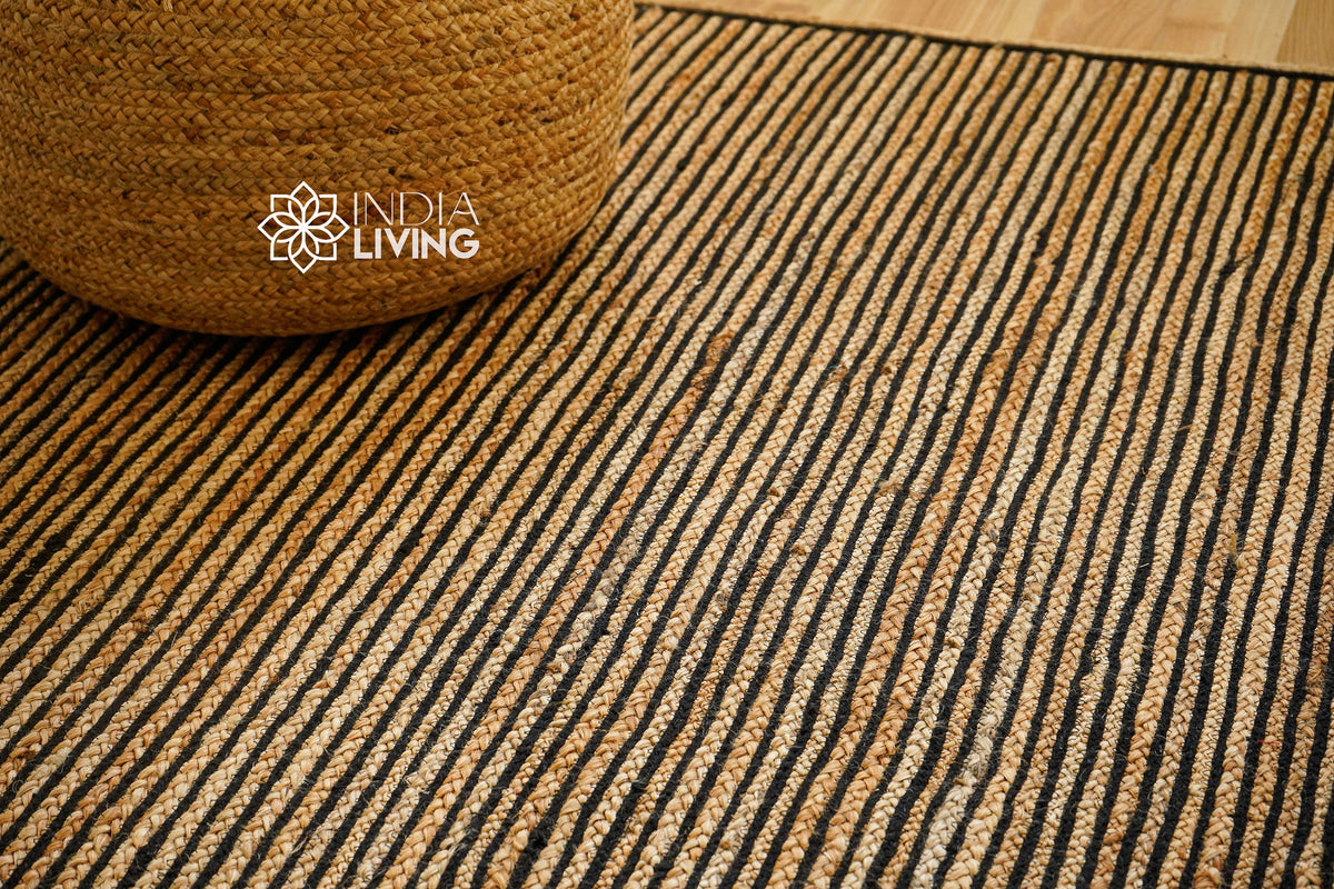 Black striped natural jute rug flat lay full view