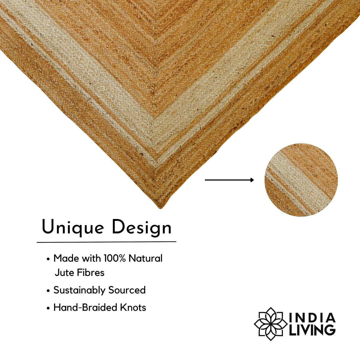 Jute hemp rug corner detail showing white border