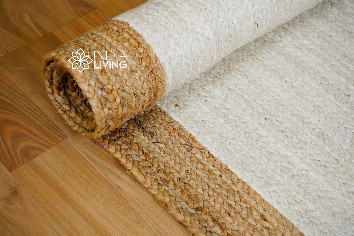 Off-white jute rug in a boho living room
