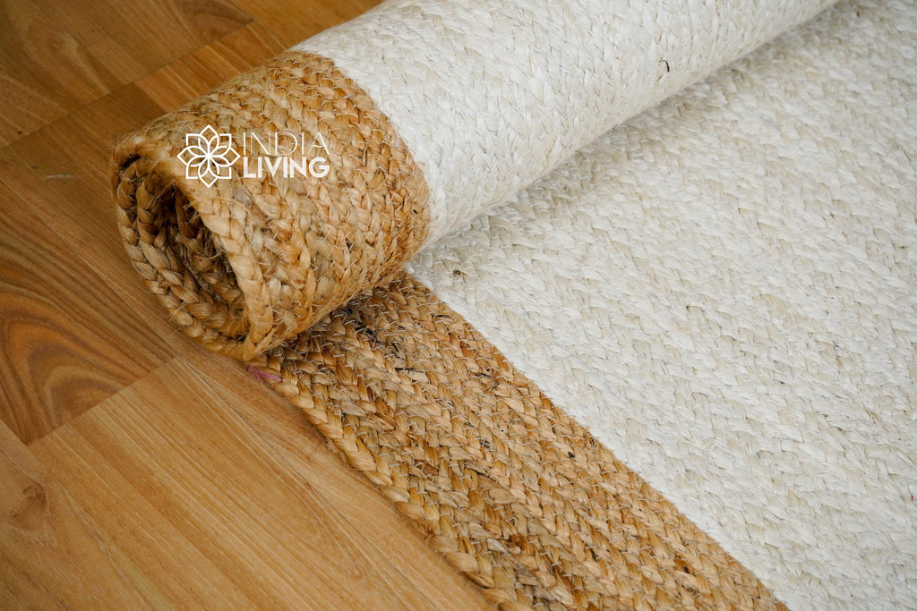 Natural Off-White jute Bordered area rug - Hand braided sustainable pet-friendly decor jute, Custom made in all sizes