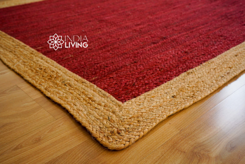 Natural Red jute Bordered area rug - Hand braided sustainable pet-friendly decor jute, Custom made in all sizes