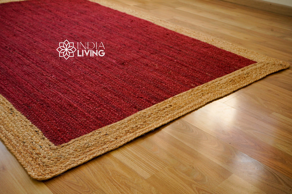 Natural Red jute Bordered area rug - Hand braided sustainable pet-friendly decor jute, Custom made in all sizes