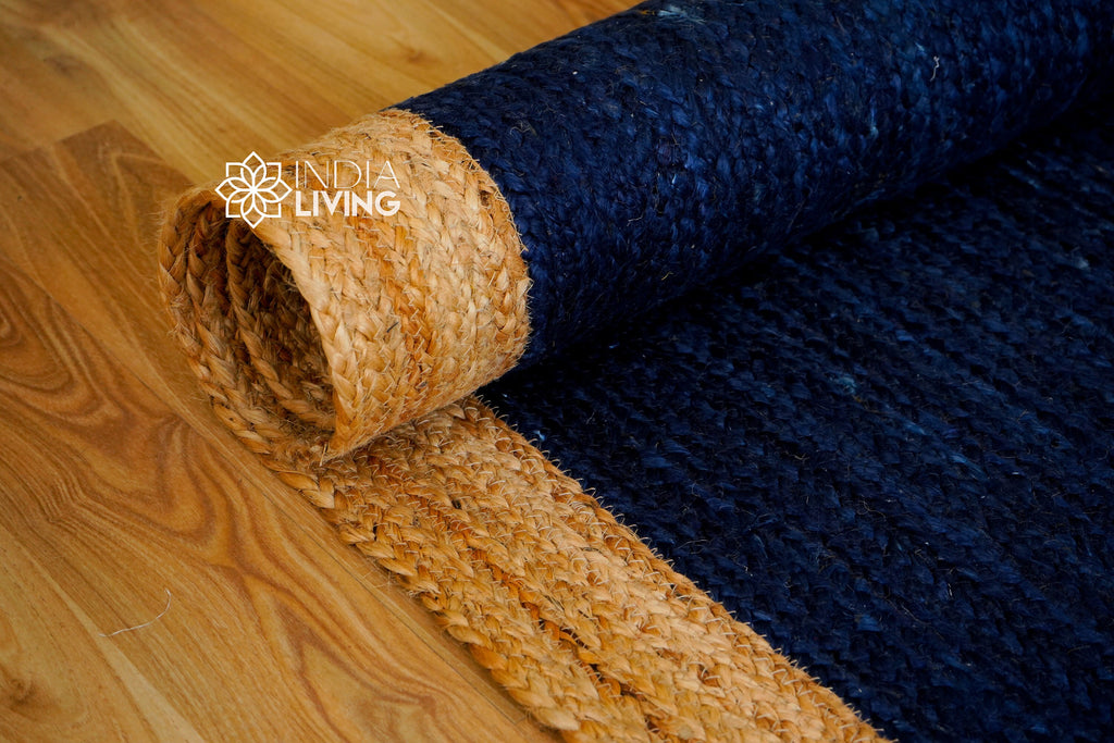 Natural Navy Blue jute Bordered area rug - Hand braided sustainable pet-friendly decor jute, Custom made in all sizes