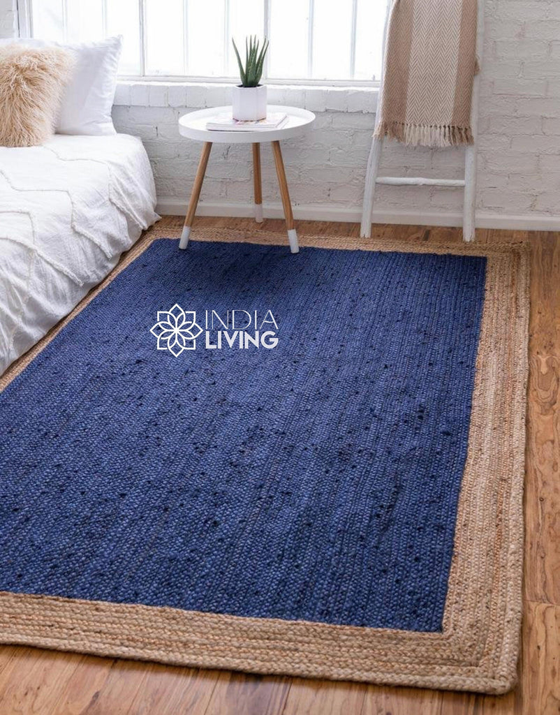 Natural Navy Blue jute Bordered area rug - Hand braided sustainable pet-friendly decor jute, Custom made in all sizes