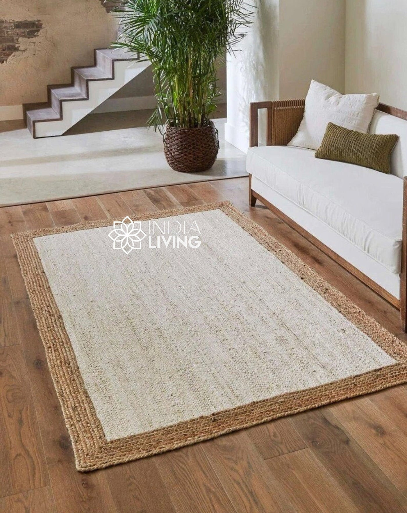 Off-white bordered jute rug, full flat view