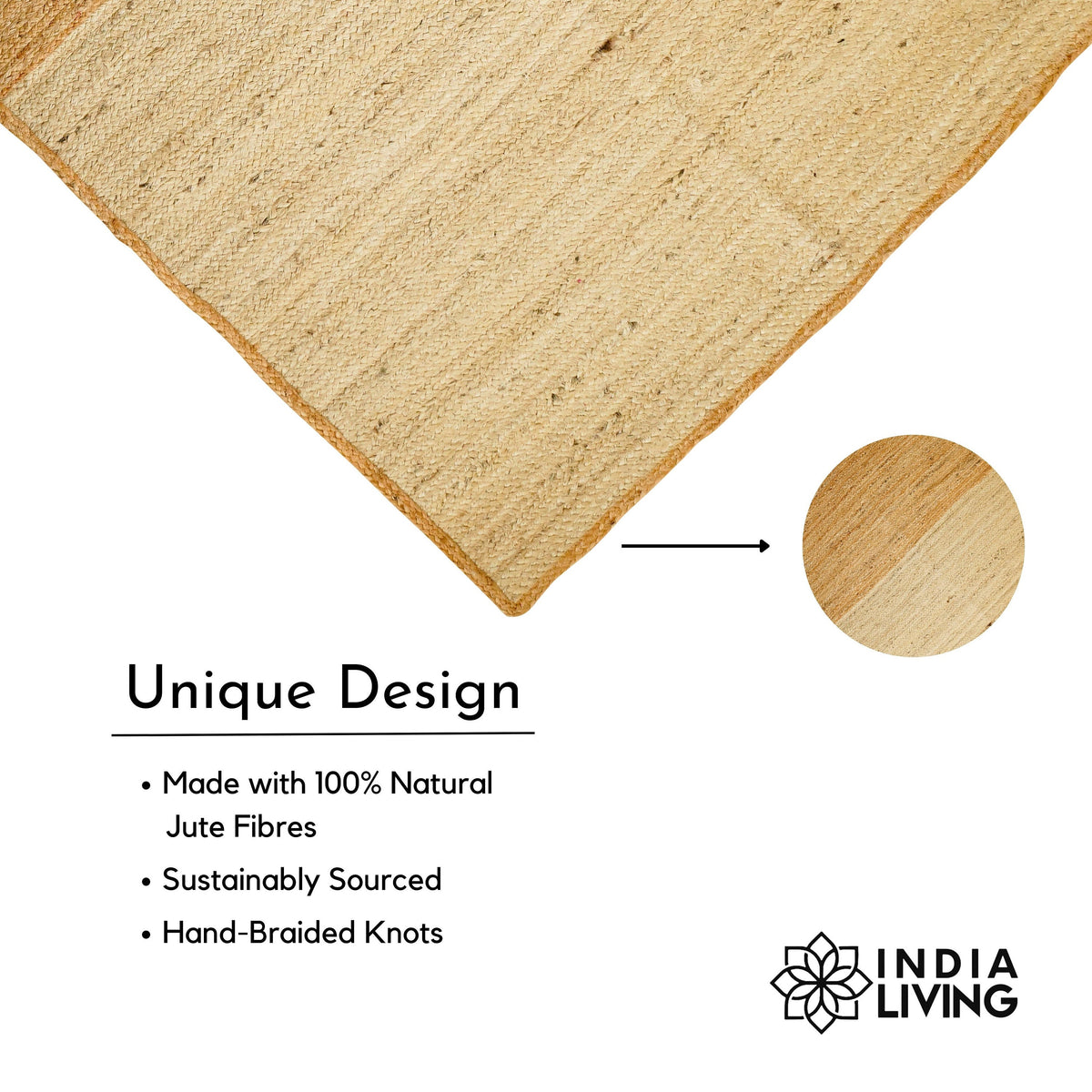 Natural jute rug corner view showing edge finishing
