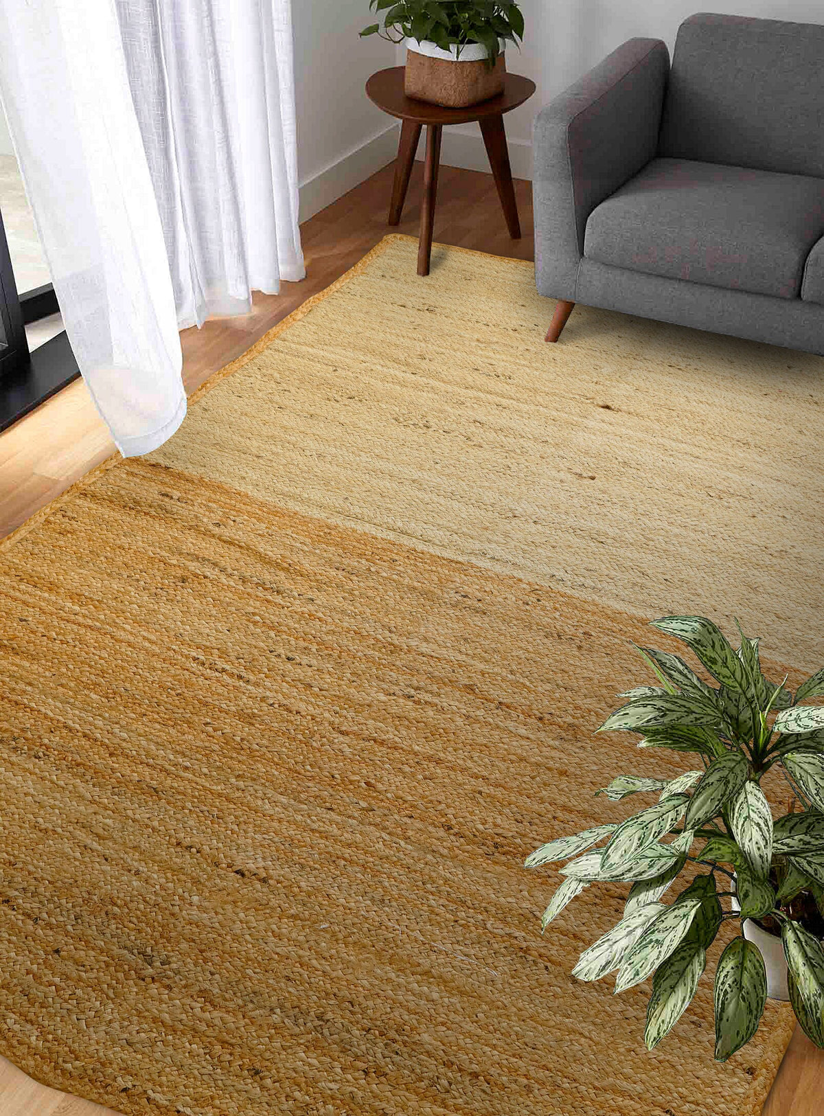 Jute area rug placed under coffee table in room decor