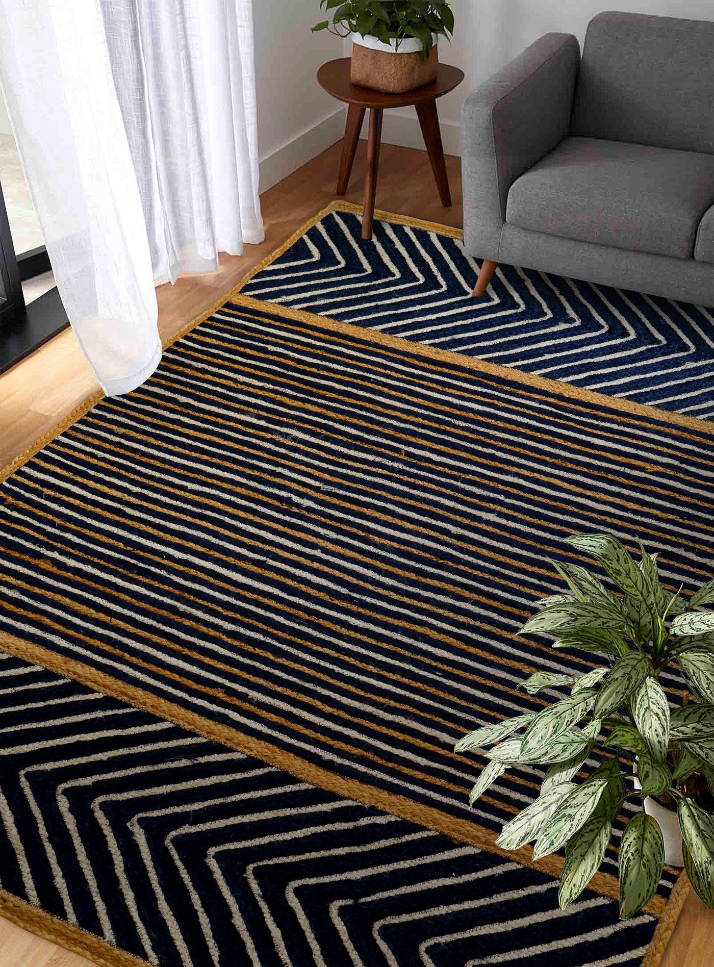 Blue jute braided area rug flat lay full view