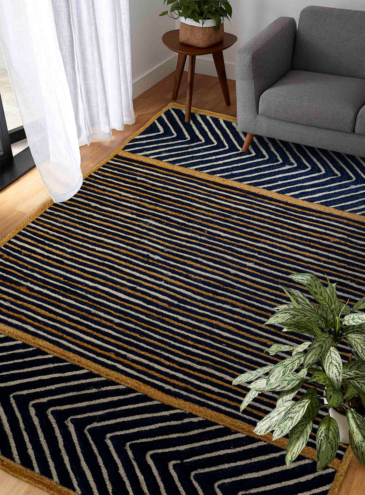 Blue jute braided area rug flat lay full view
