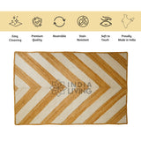 White abstract jute rug placed under coffee table in living space