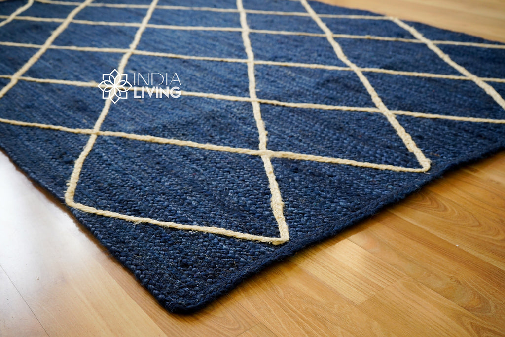 Natural Navy Blue Jute Rug with Textured White Jute Rope | Unique design | Sustainable | Suitable for Bedroom, Living room, Entryway