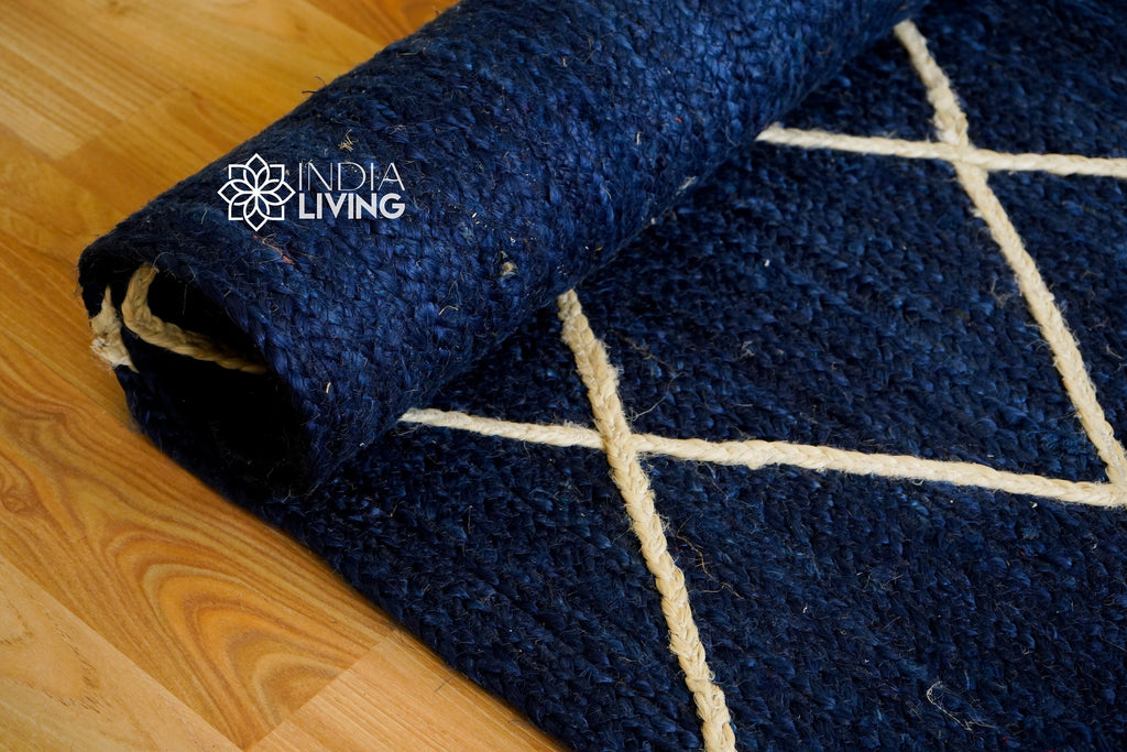 Natural Navy Blue Jute Rug with Textured White Jute Rope | Unique design | Sustainable | Suitable for Bedroom, Living room, Entryway