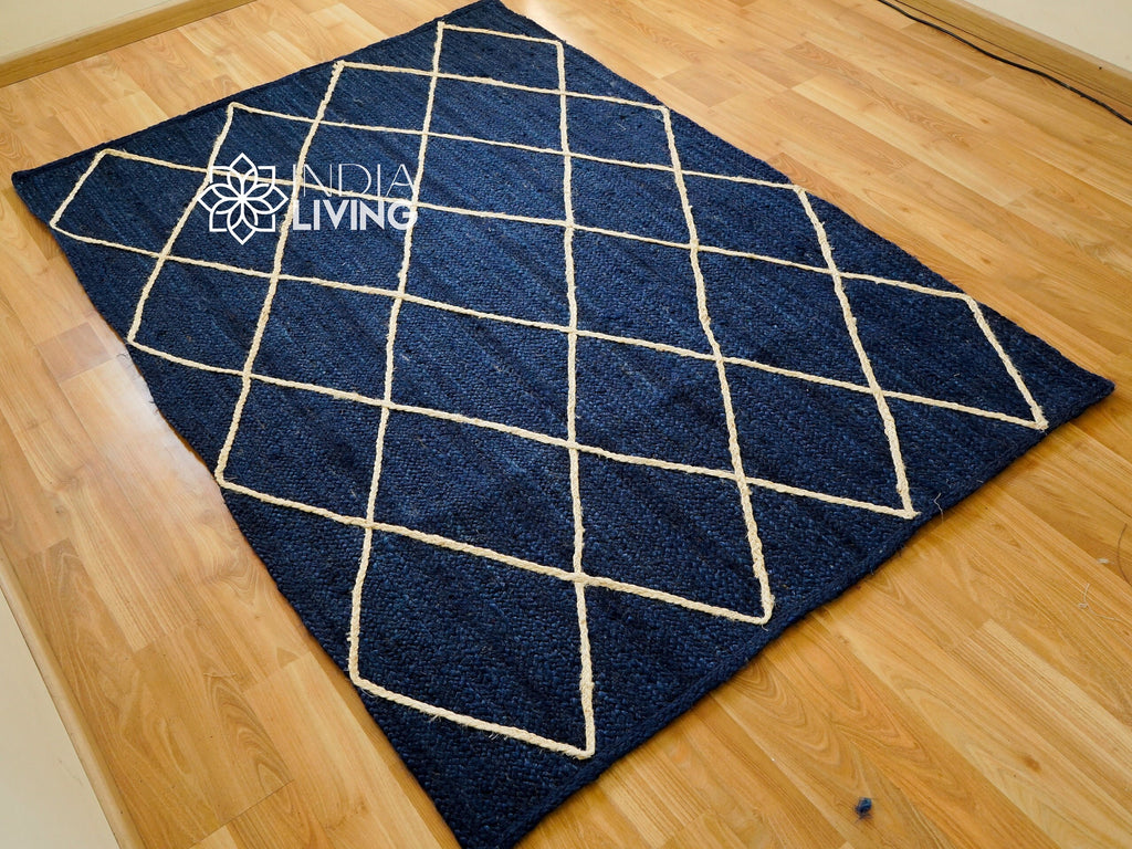 Natural Navy Blue Jute Rug with Textured White Jute Rope | Unique design | Sustainable | Suitable for Bedroom, Living room, Entryway