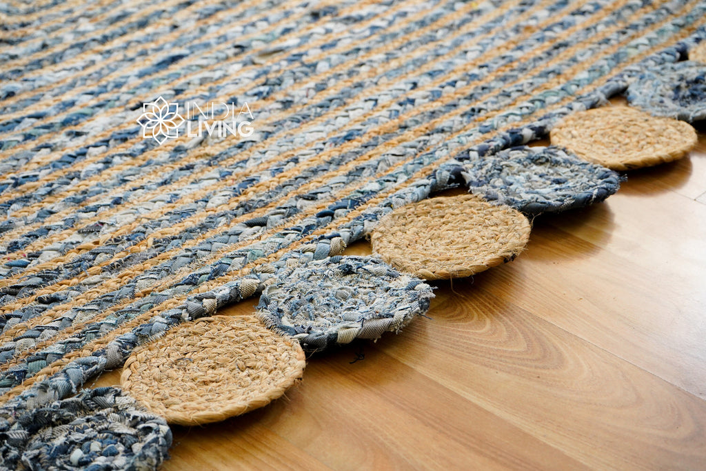 Denim blue Chindi Striped Jute Rag Rug - Sustainable Home Decor - Natural Textured - Custom made 4x6 5x8 6x9 8x10 9x12