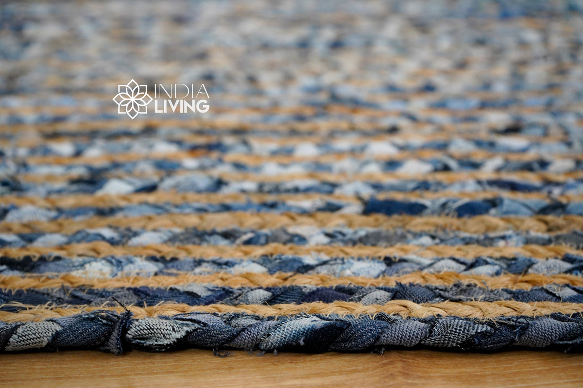 Close-up of denim and jute weave texture